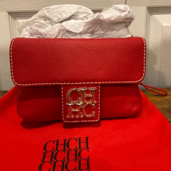 CAROLINA HERRERA ONASSIS COLLECTION RED DOUBLE FLAP MINI BAG GOLD CHAIN STRAP - Picture 10 of 13